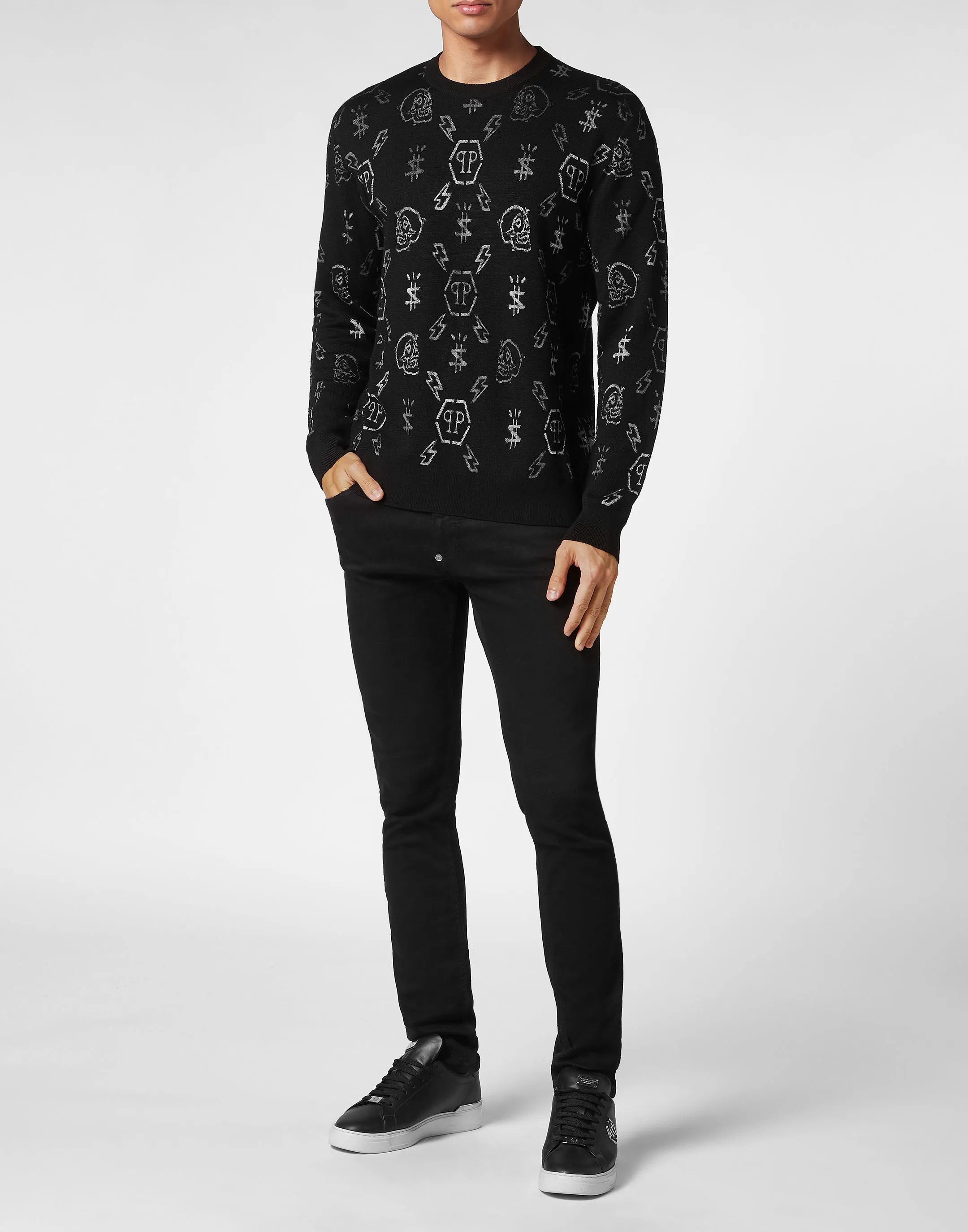 PHILIPP PLEIN Merino wool Pullover Round Neck LS Jacquard Monogram