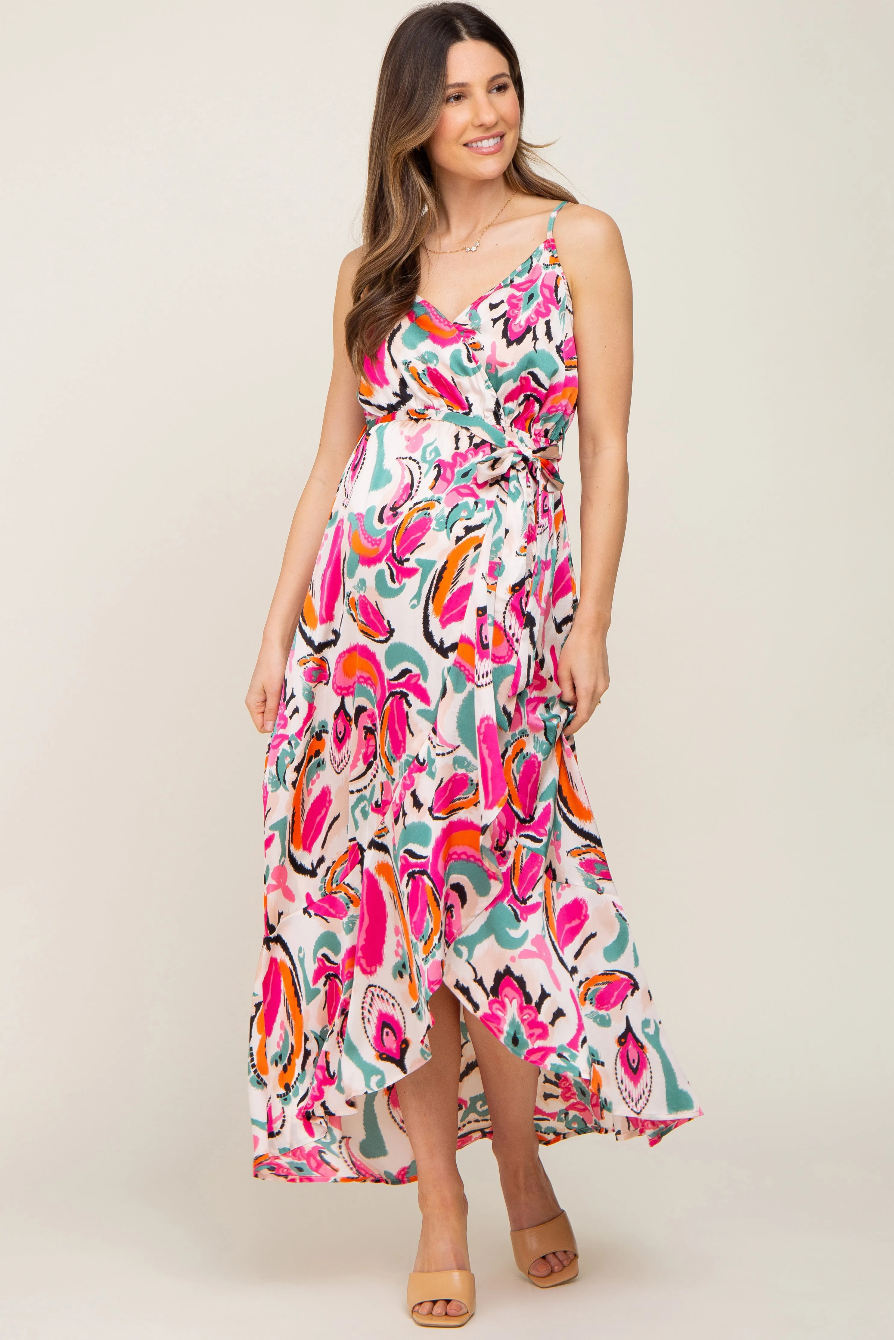 Pink Printed Flounce Maternity Wrap Dress