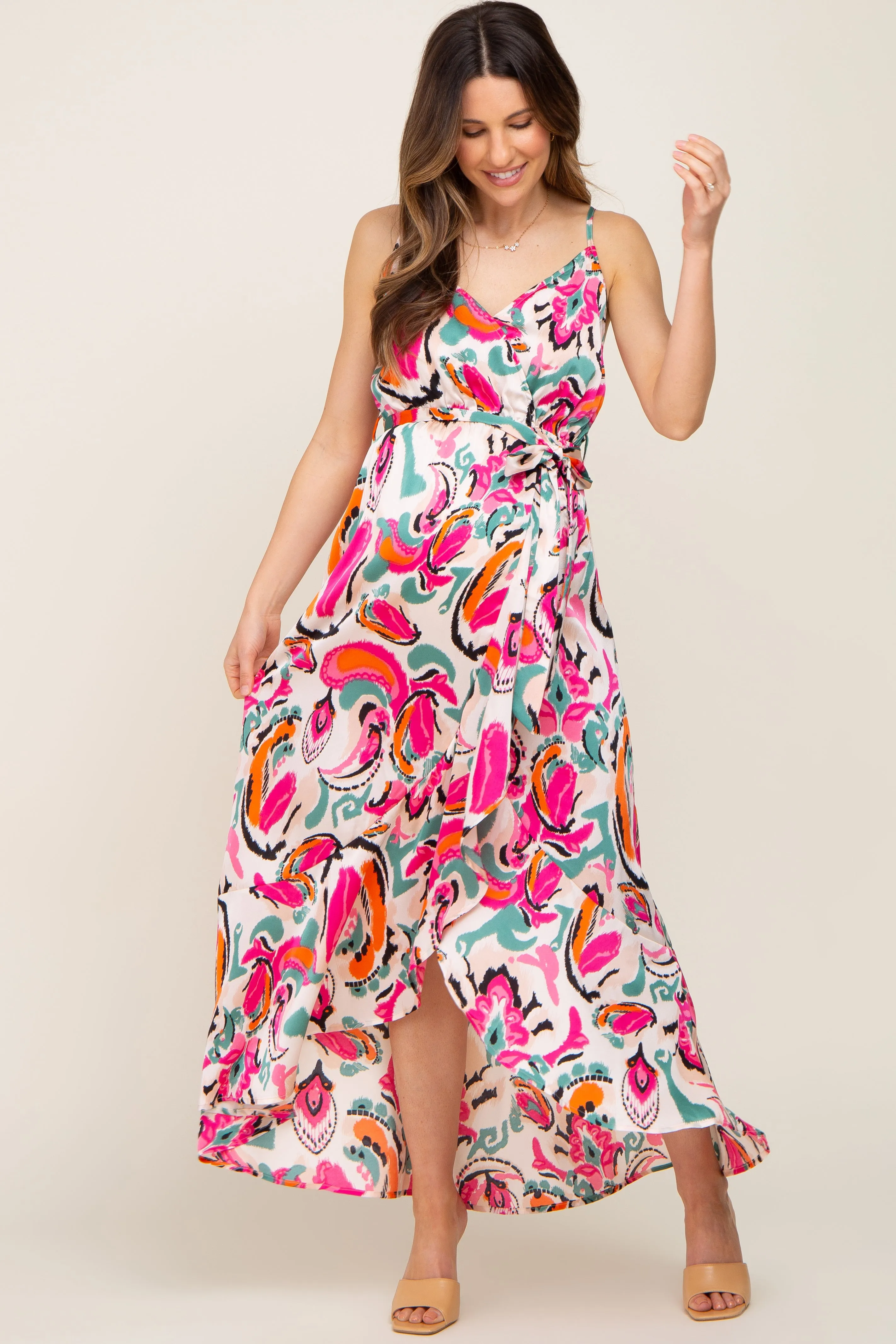 Pink Printed Flounce Maternity Wrap Dress