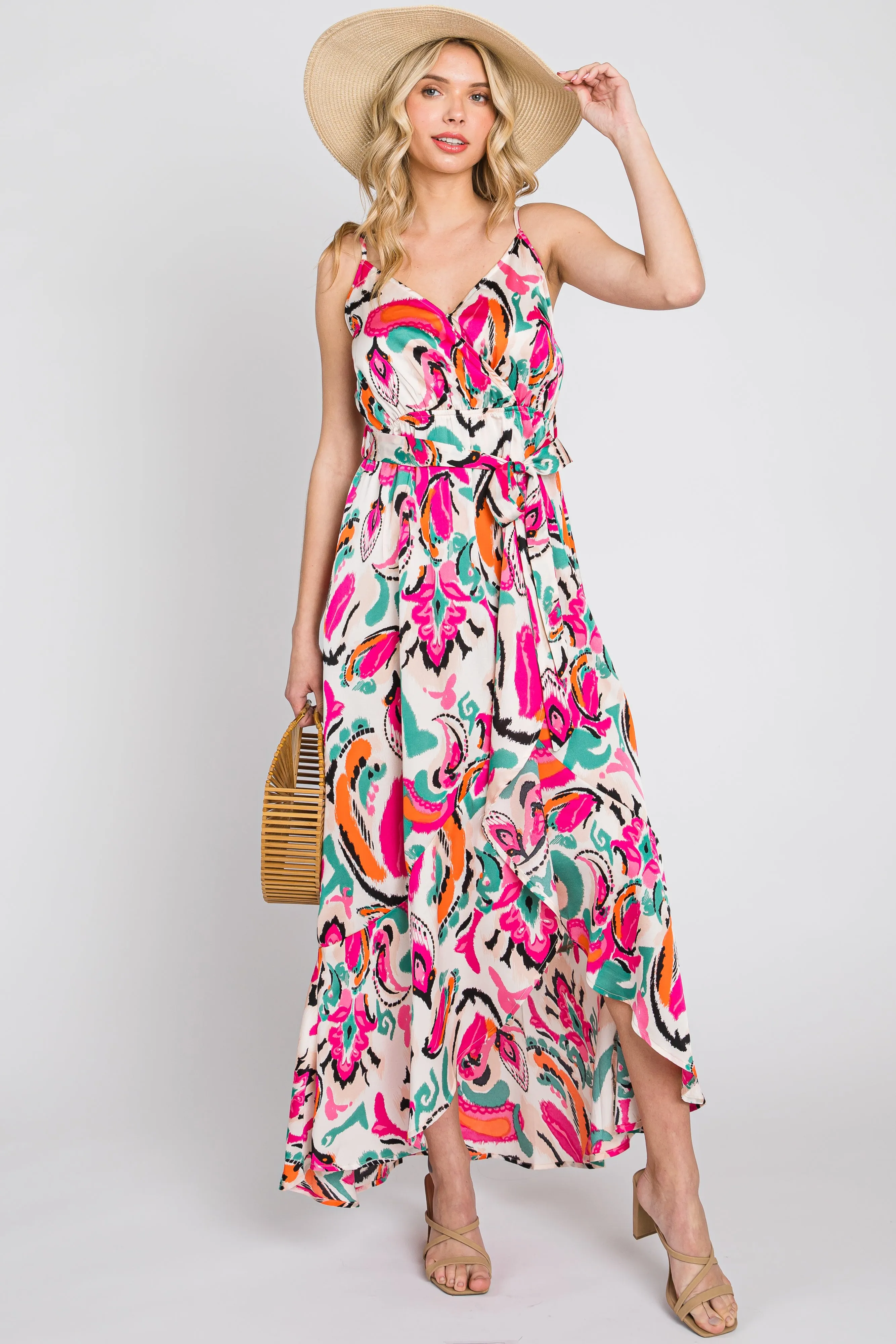 Pink Printed Flounce Wrap Dress