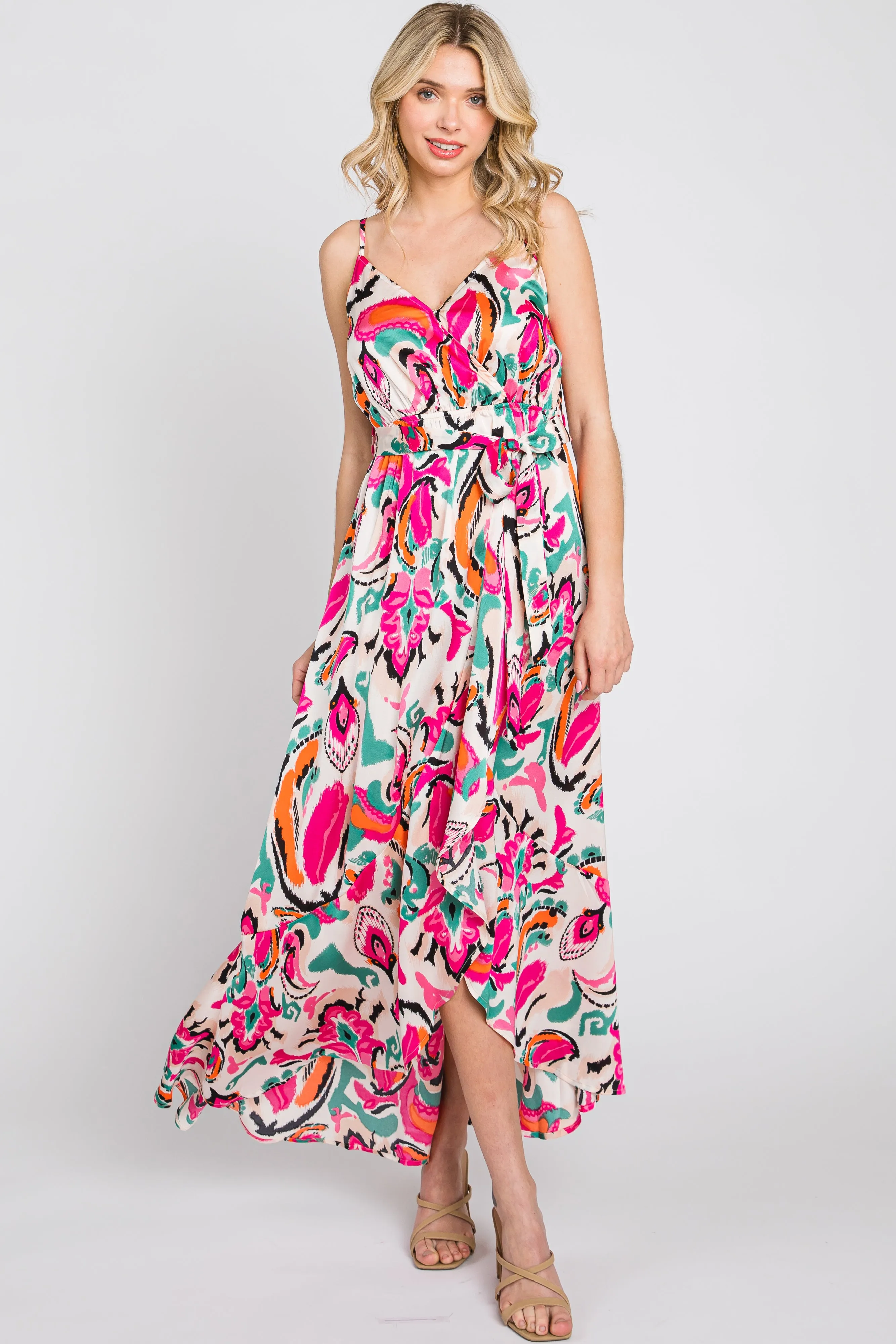 Pink Printed Flounce Wrap Dress