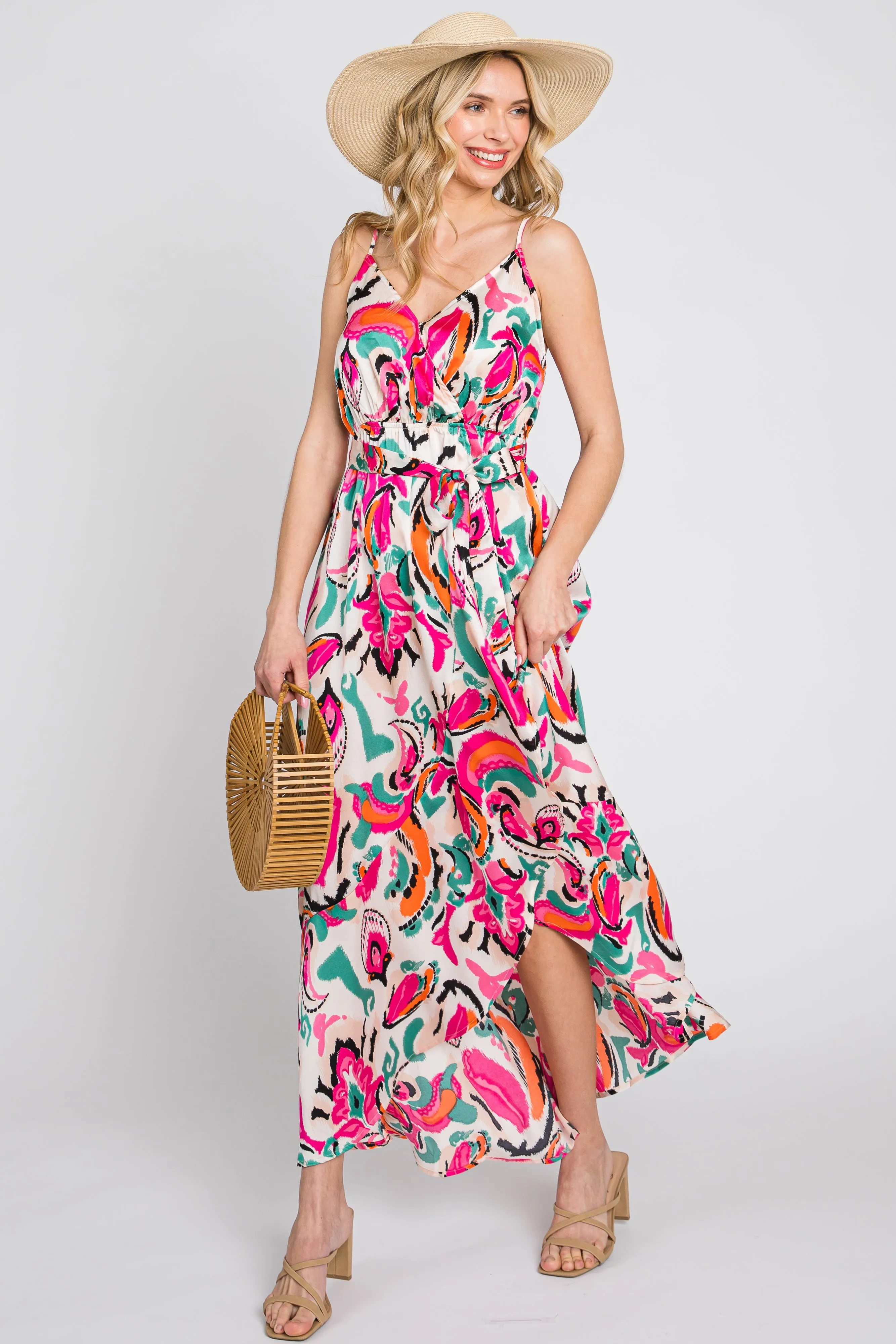 Pink Printed Flounce Wrap Dress