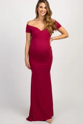 PinkBlush Burgundy Off Shoulder Wrap Maternity Photoshoot Gown/Dress