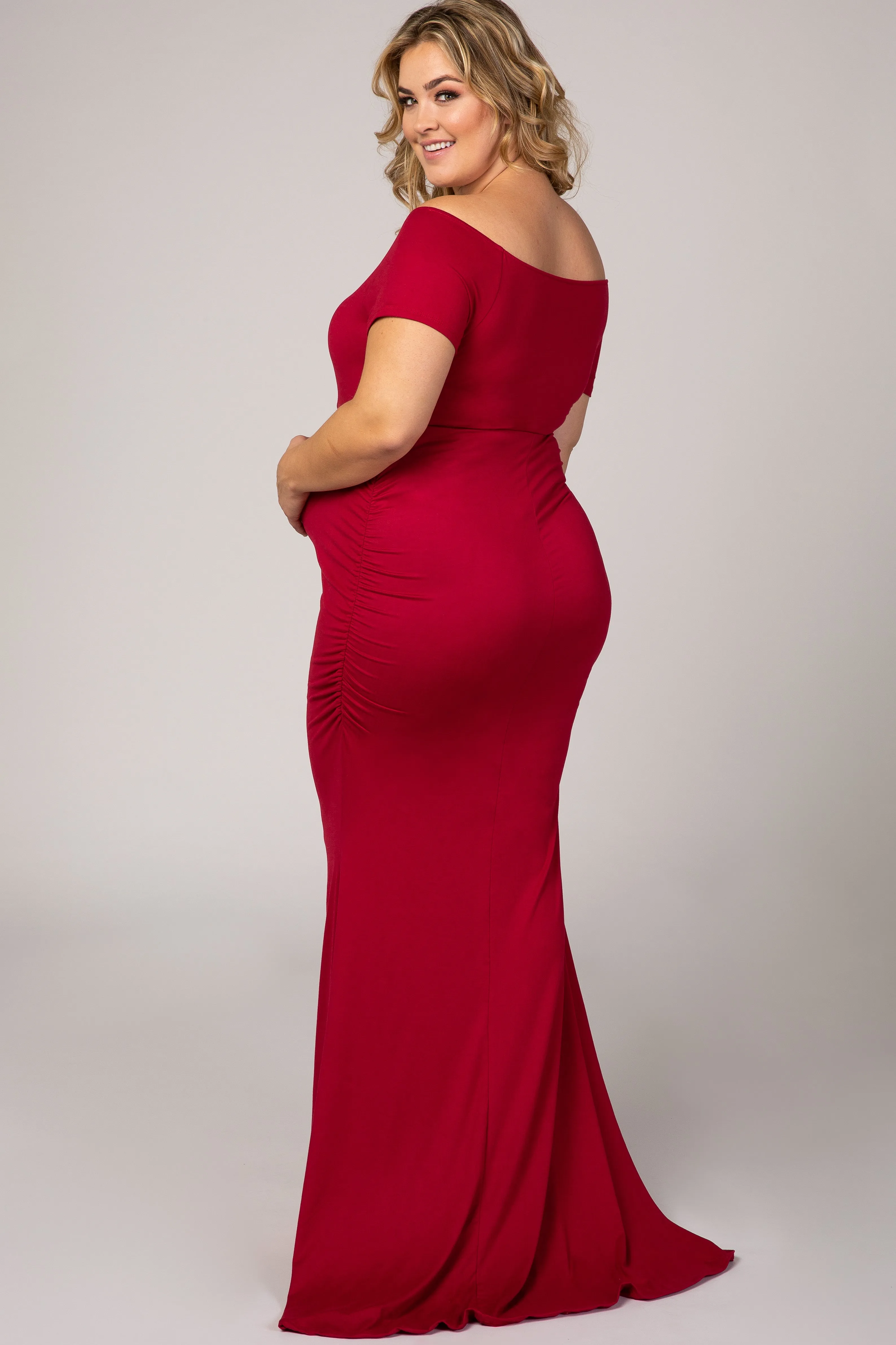 PinkBlush Burgundy Off Shoulder Wrap Plus Maternity Photoshoot Gown/Dress