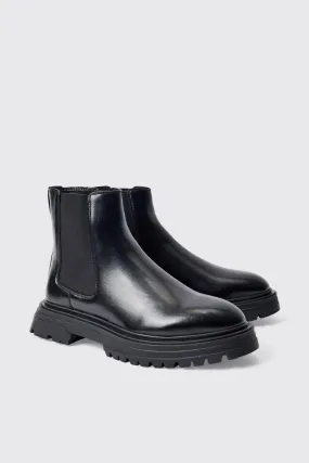 PU Chunky Sole Chelsea Boot In Black | boohooMAN UK