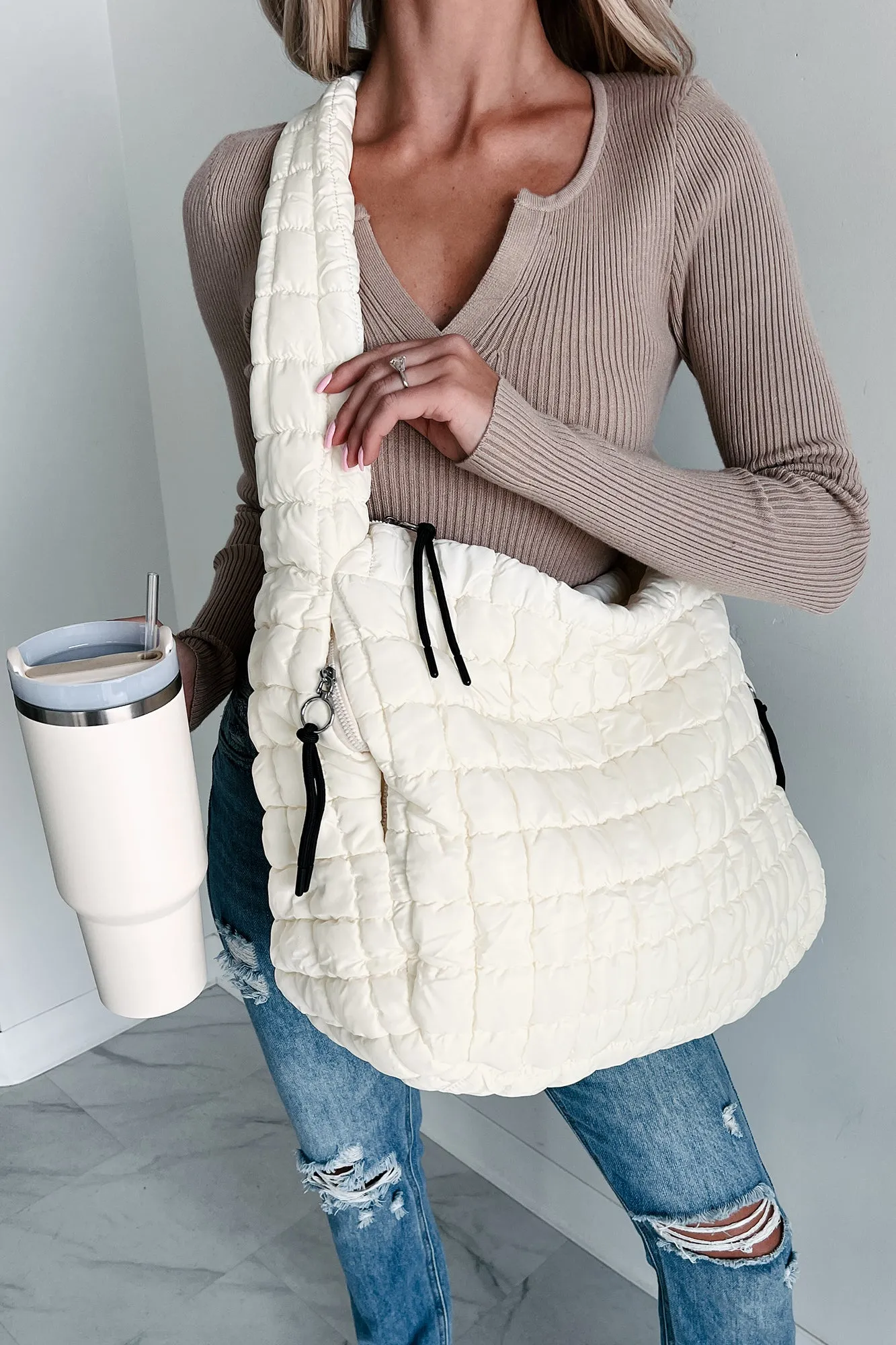 Ready For Takeoff Oversized Quilted Zenana Tote (Off White)