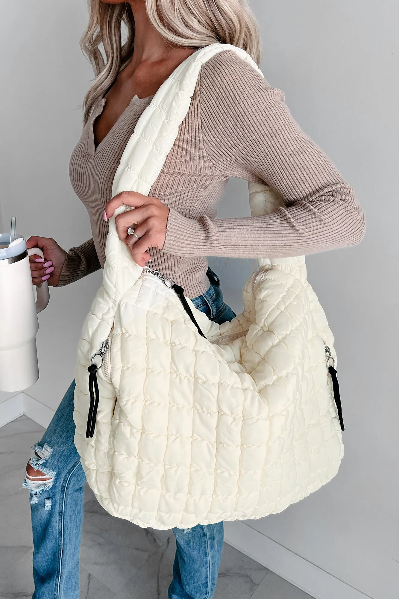 Ready For Takeoff Oversized Quilted Zenana Tote (Off White)