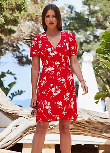 Red Floral Print Button Detail Faux Wrap Dress by Sosandar | Look Again