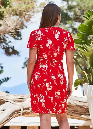 Red Floral Print Button Detail Faux Wrap Dress by Sosandar | Look Again