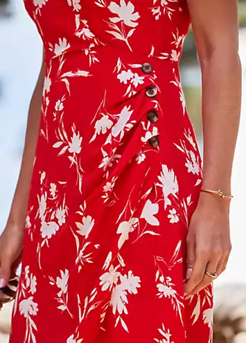 Red Floral Print Button Detail Faux Wrap Dress by Sosandar | Look Again