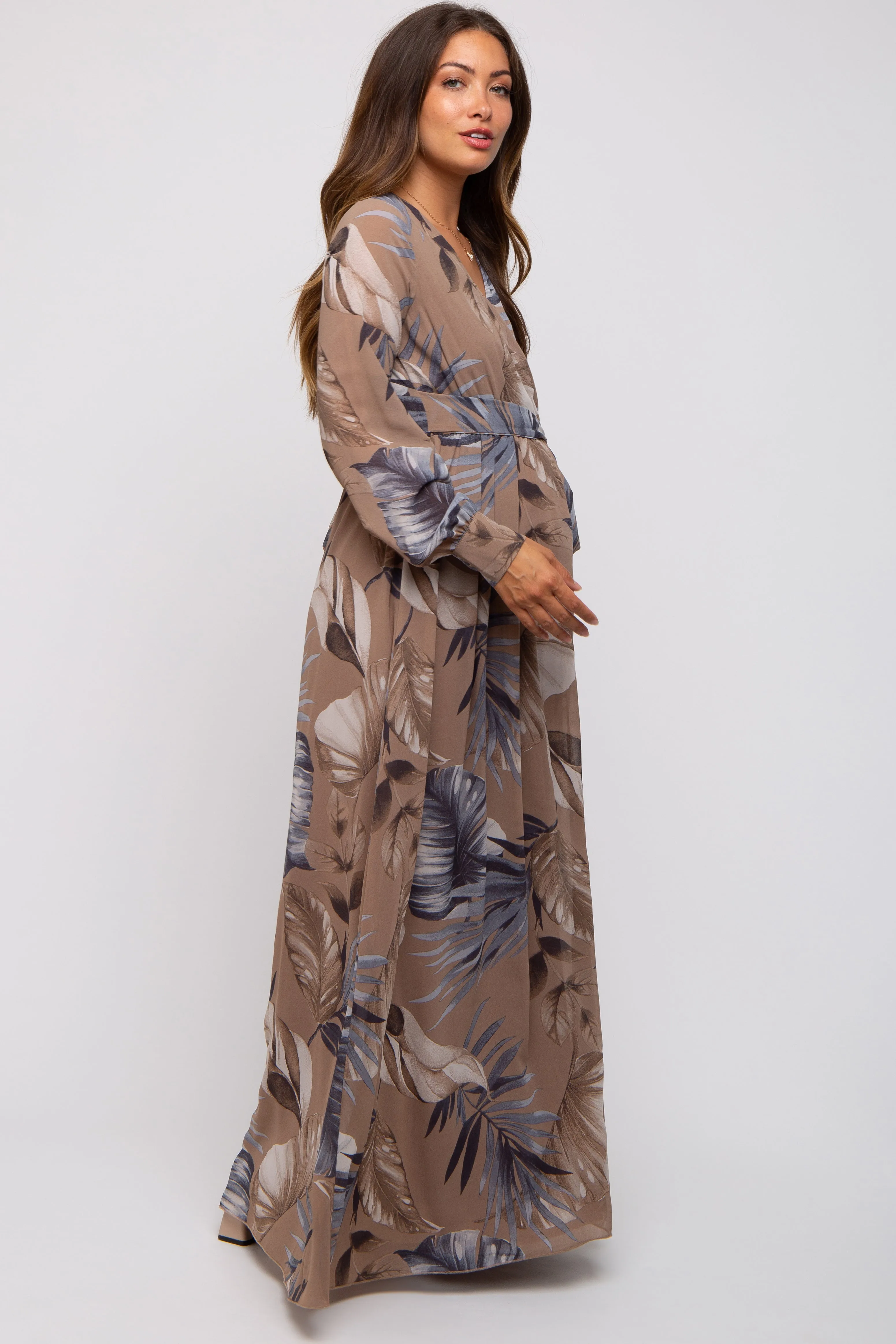 Taupe Palm Print Chiffon Wrap Front V-Neck Long Sleeve Maternity Maxi Dress