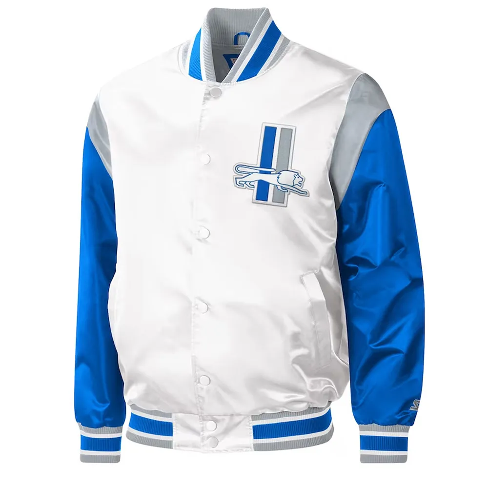 Throwback Warm Up Pitch Detroit Lions Varsity Satin Jacket