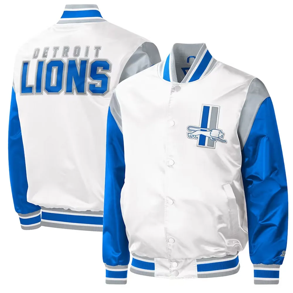 Throwback Warm Up Pitch Detroit Lions Varsity Satin Jacket