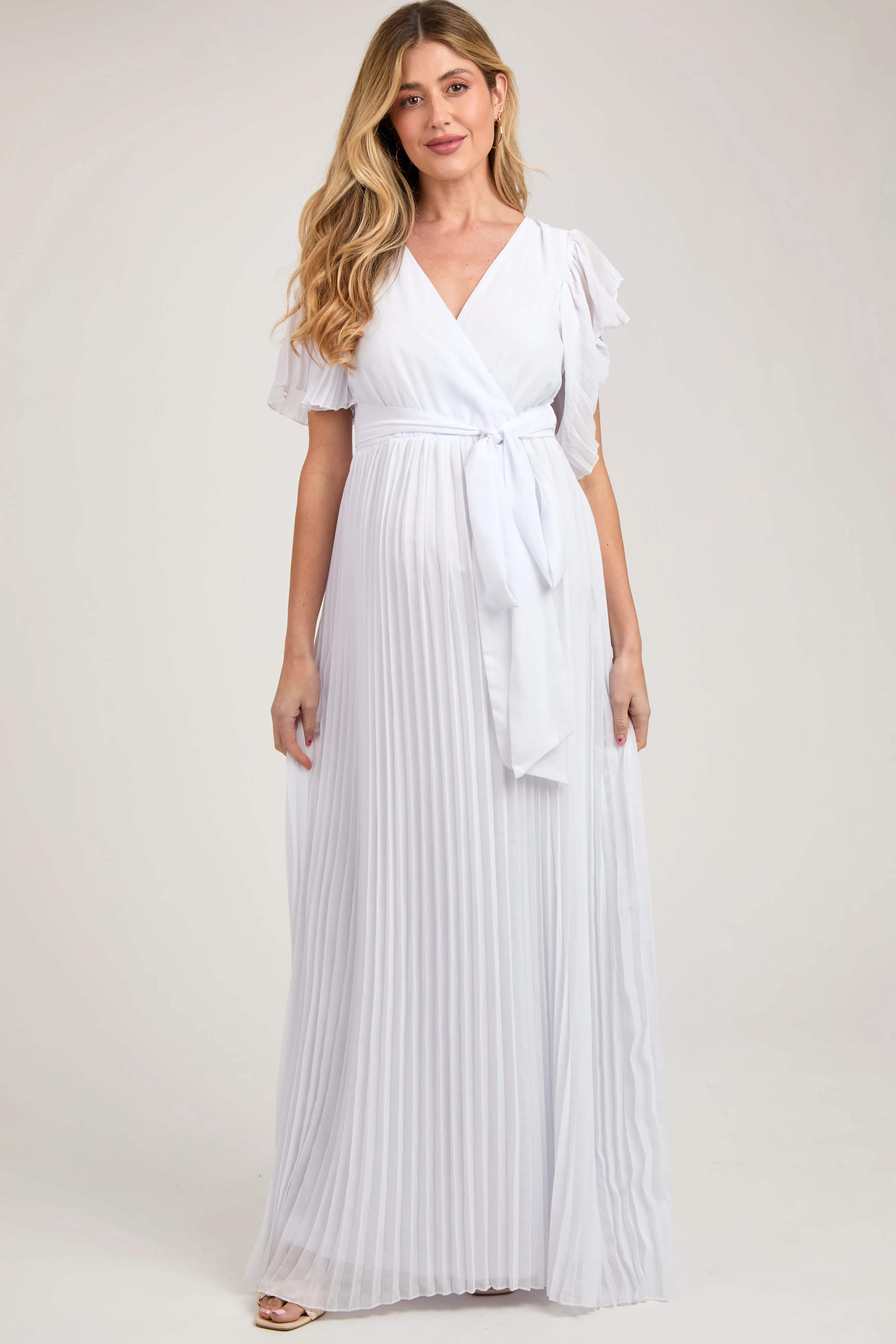 White Chiffon Wrap Front V-Neck Short Sleeve Pleated Maternity Maxi Dress