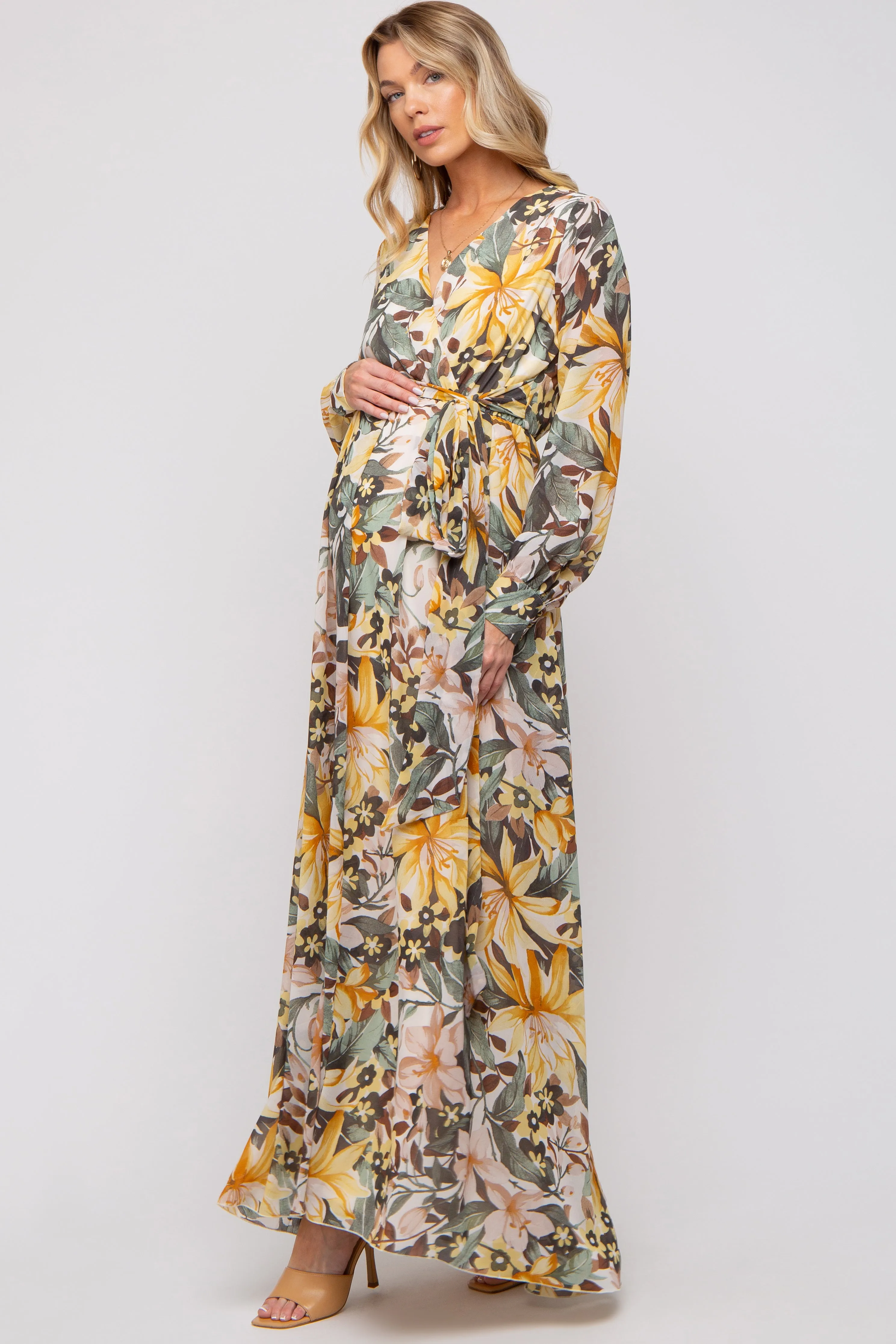 Yellow Floral Chiffon Wrap Front V-Neck Long Sleeve Maternity Maxi Dress