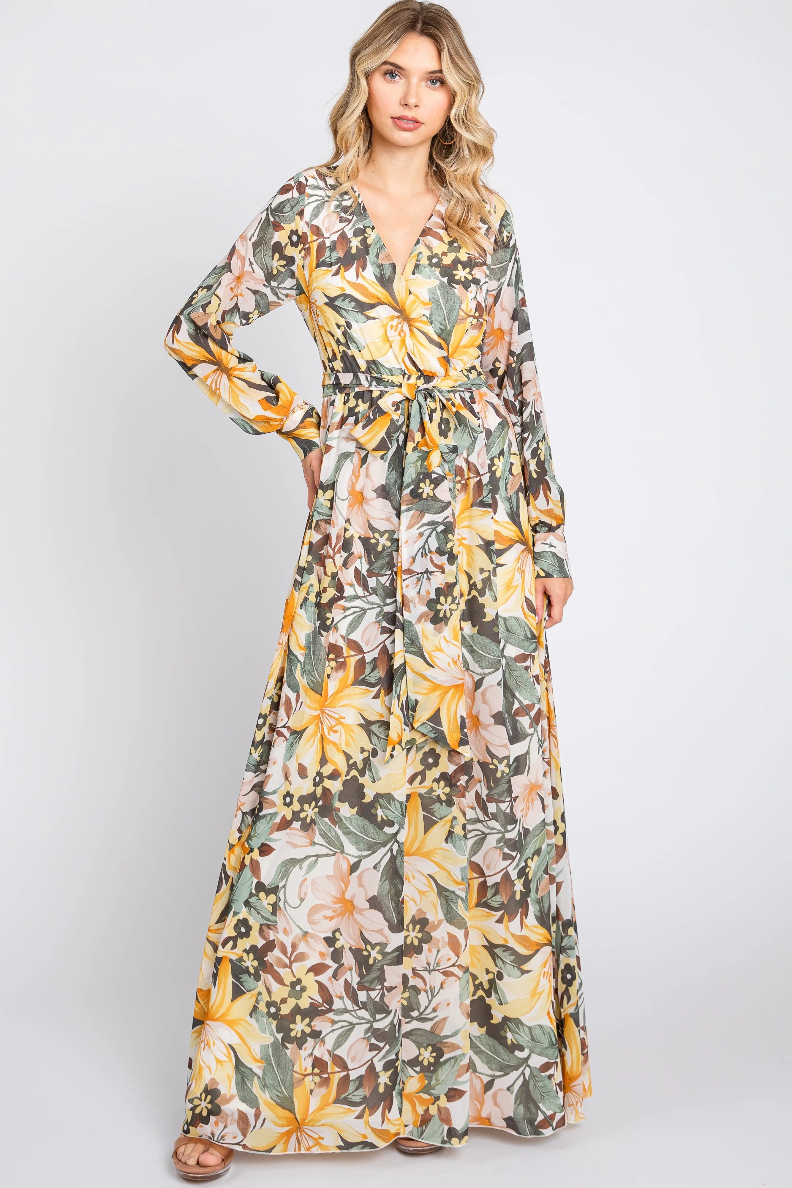 Yellow Floral Chiffon Wrap Front V-Neck Long Sleeve Maternity Maxi Dress