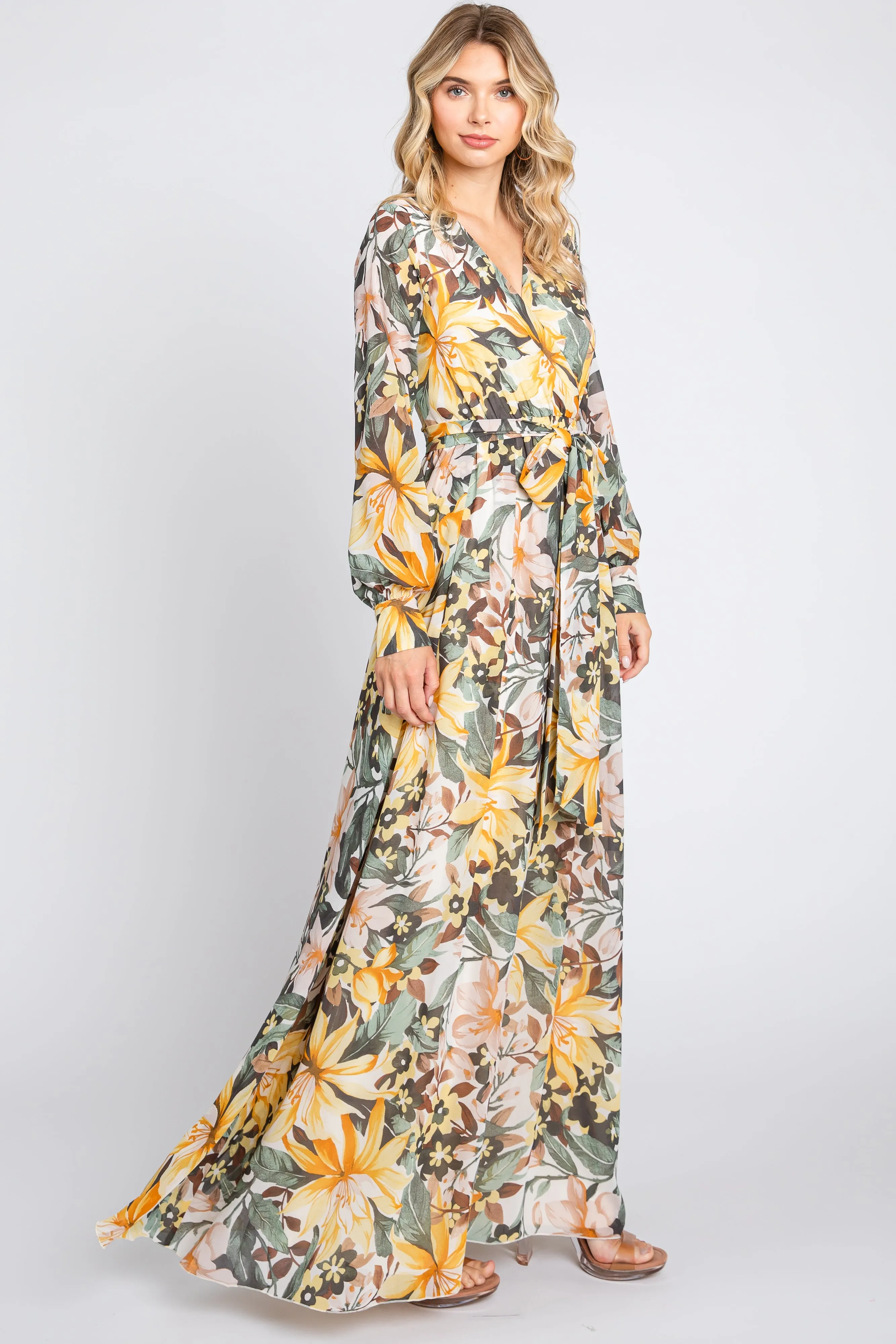 Yellow Floral Chiffon Wrap Front V-Neck Long Sleeve Maxi Dress