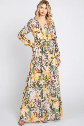 Yellow Floral Chiffon Wrap Front V-Neck Long Sleeve Maxi Dress