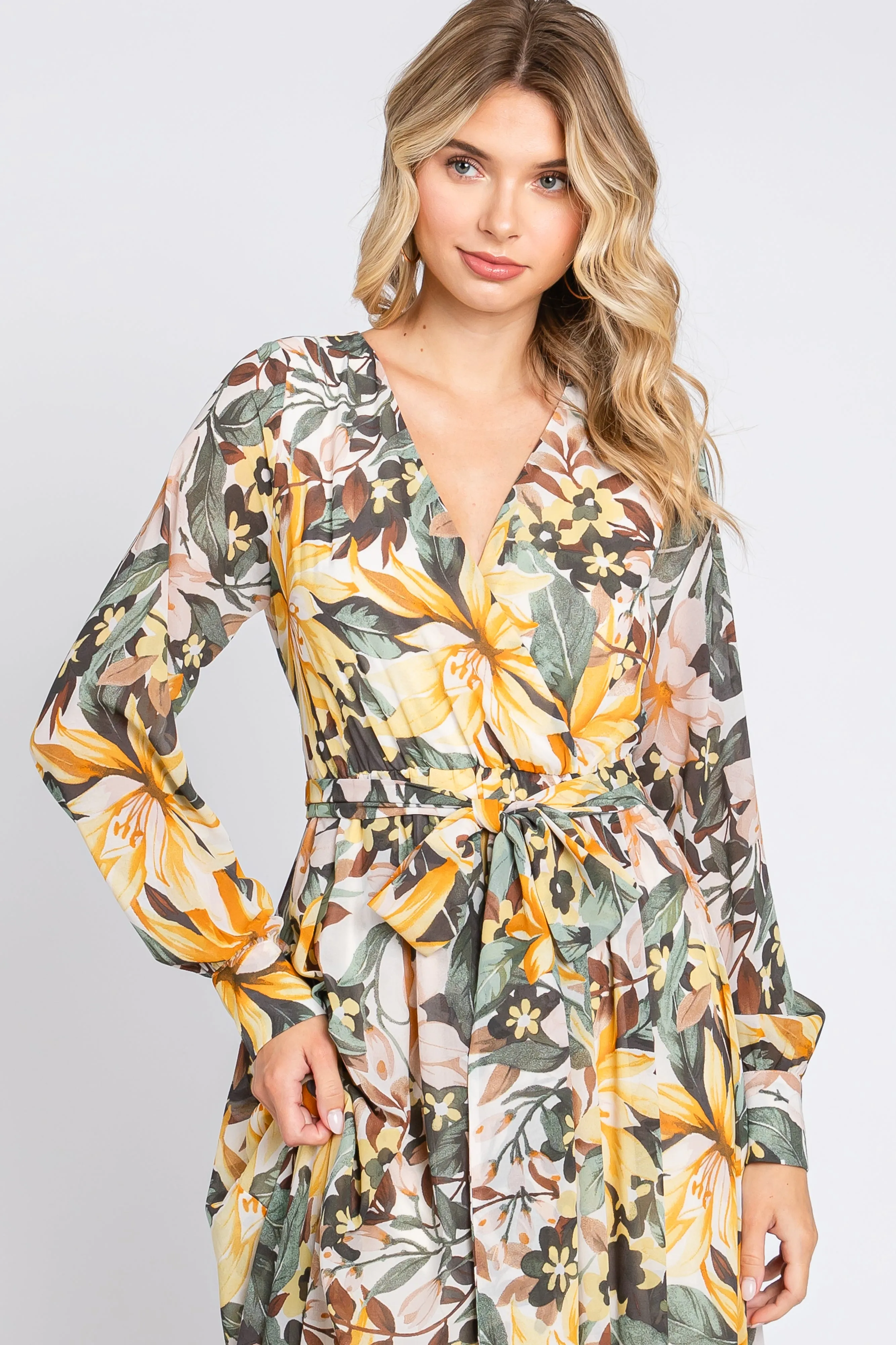 Yellow Floral Chiffon Wrap Front V-Neck Long Sleeve Maxi Dress