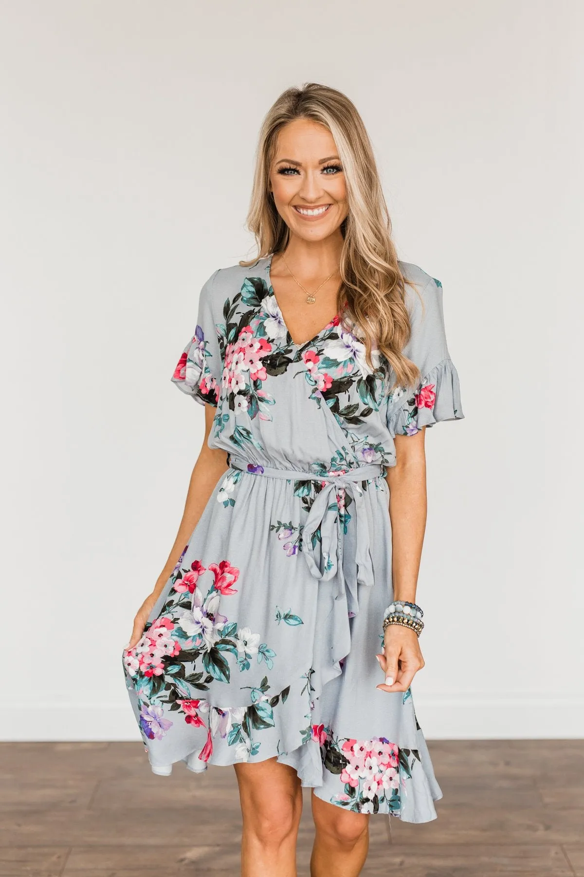 You're My Treasure Floral Wrap Dress- Grey