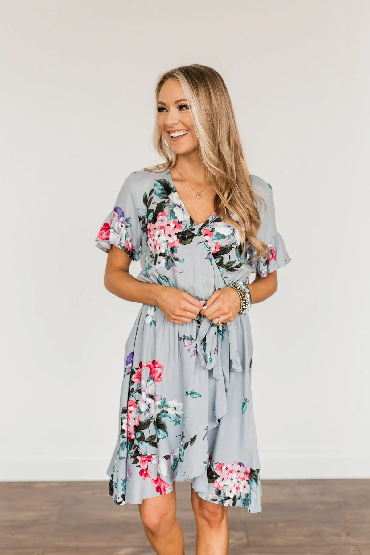 You're My Treasure Floral Wrap Dress- Grey