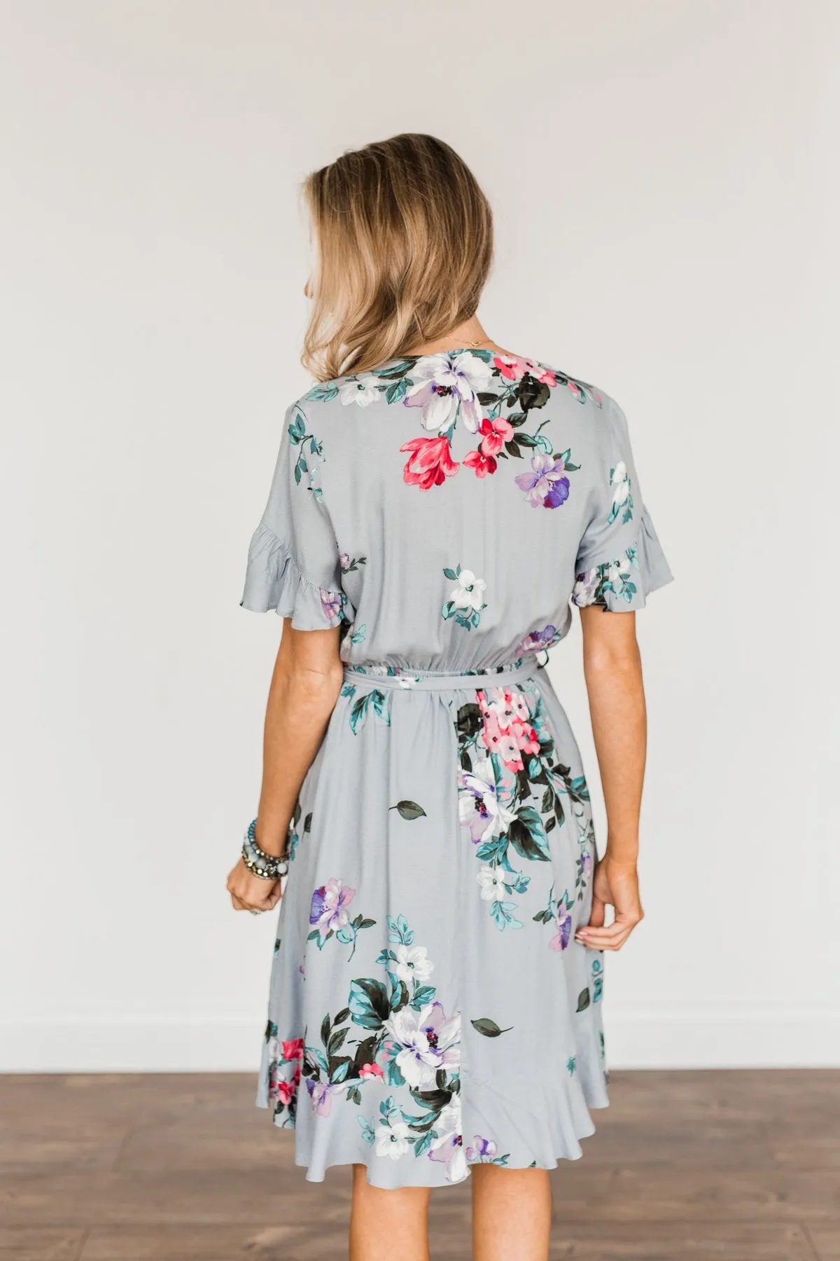 You're My Treasure Floral Wrap Dress- Grey